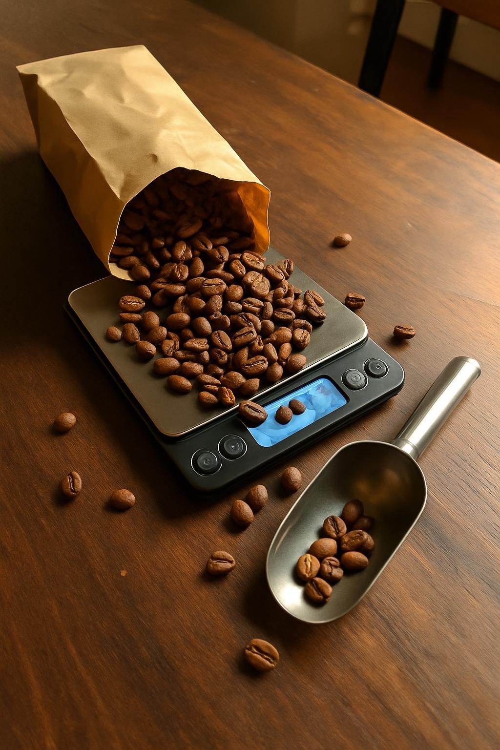 Beans spilling from a paper bag onto a digital scale with a scoop