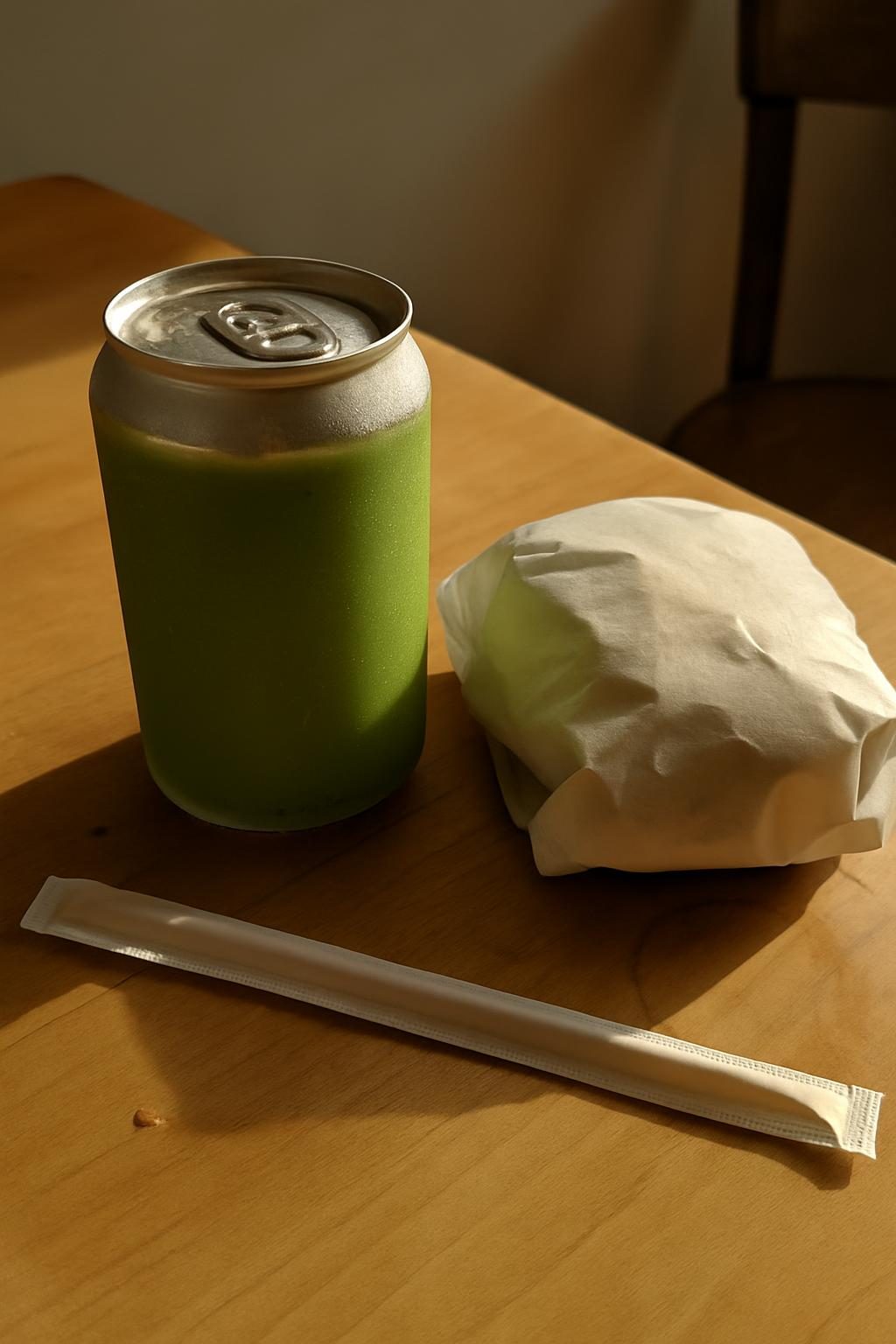 A sealed matcha can and a paper-wrapped sandwich on a table