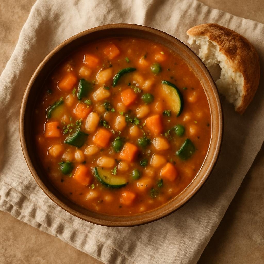 A bowl of thick vegetable soup with torn sourdough on a linen cloth
