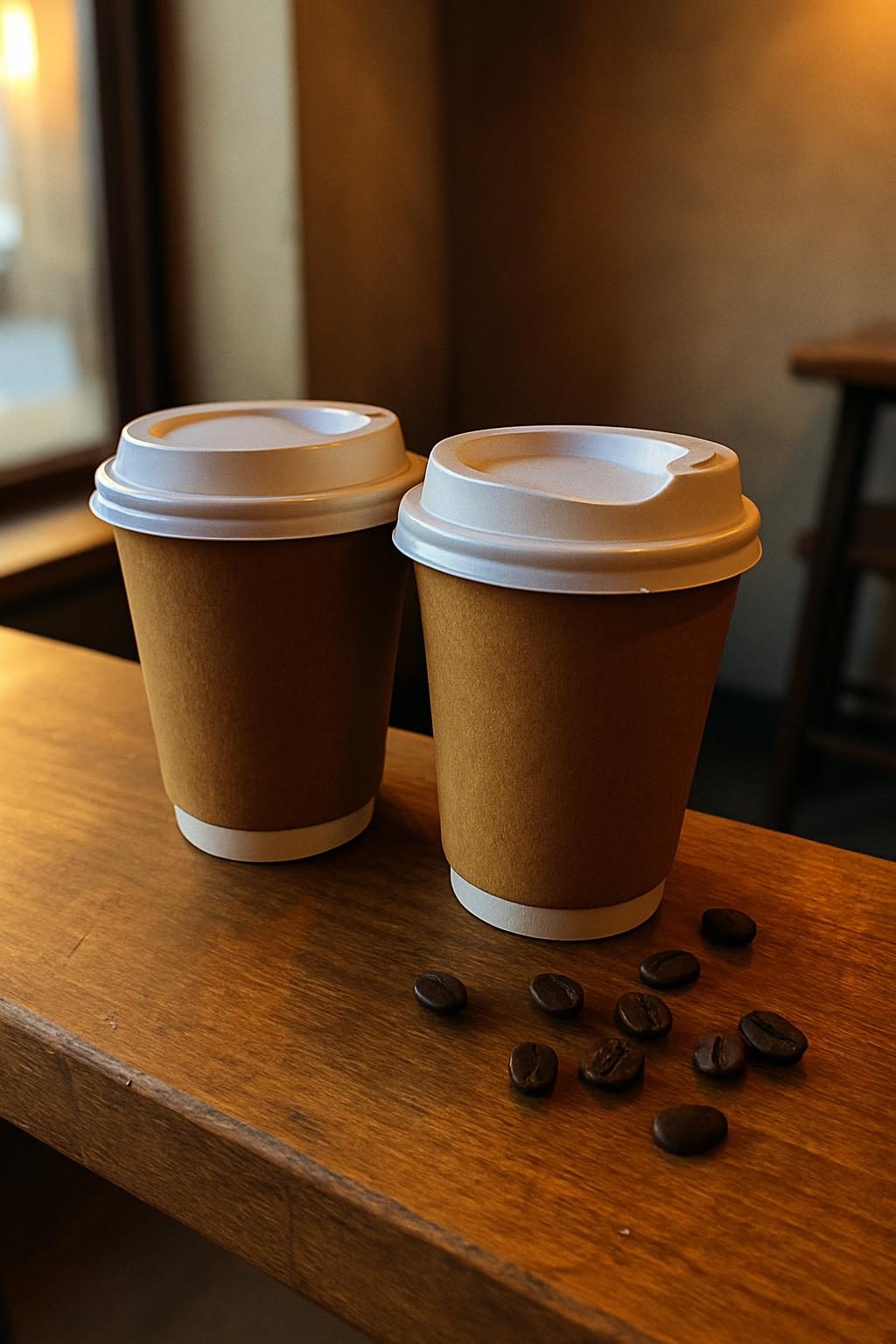 Two plain kraft takeaway cups on a wooden ledge with beans beside them